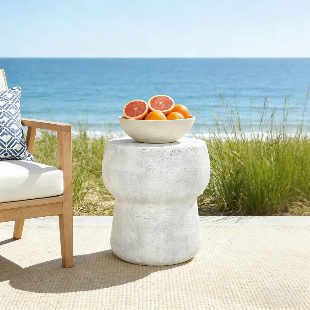 

U_Style Outdoor Accent Table: Crack Process, Modern Concrete Double Barrel Side Table/Garden Stool for Patio/Garden/Backyard.