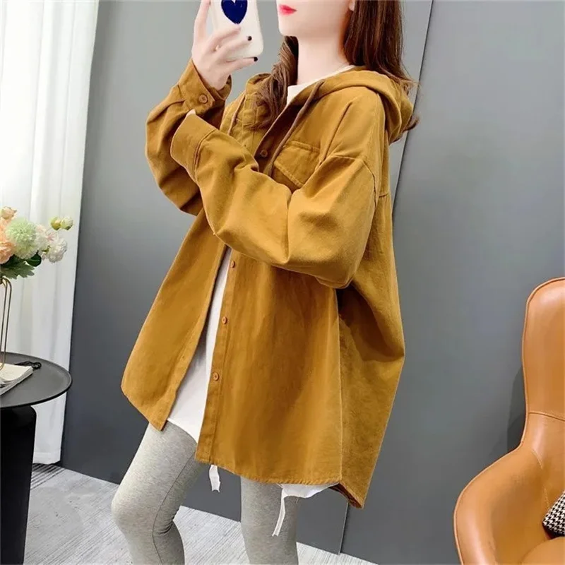 

Retro Hong Kong Style Female Hooded Shirt Spring Autumn Women Solid Color Middle Length Blouse Jacket Ladies Loose Tops Outwear