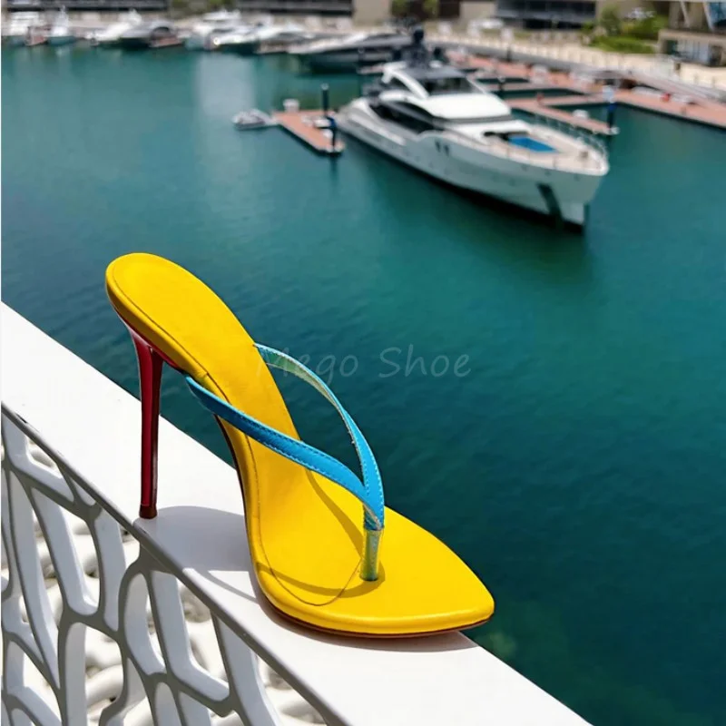 Sexy Pointy High Heel Flip Flops Slippers Women Luxury Golden Candy Colors Sandals Stiletto Heels Shoes Female Big Size 43 45