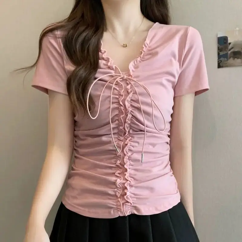 Summer New V-neck Folds Drawstring Lace Up Slim T-shirt Female Short Sleeve Solid Color Casual Fashion Top Women All-match Top