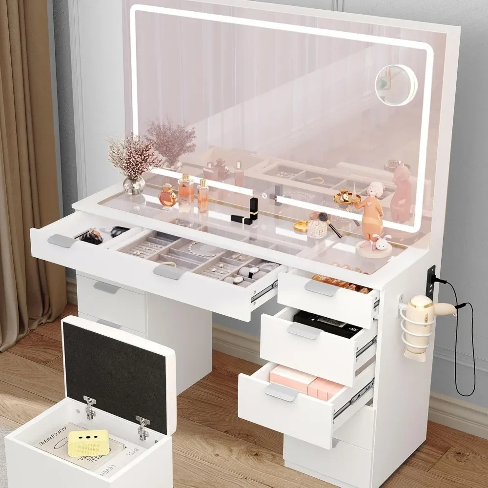 Vanity with LED-Lit Mirror & Electrical Socket, Cosmetic Vanity Station with 11 Compartments and Magnifier, 46'' Dressing Table image 3