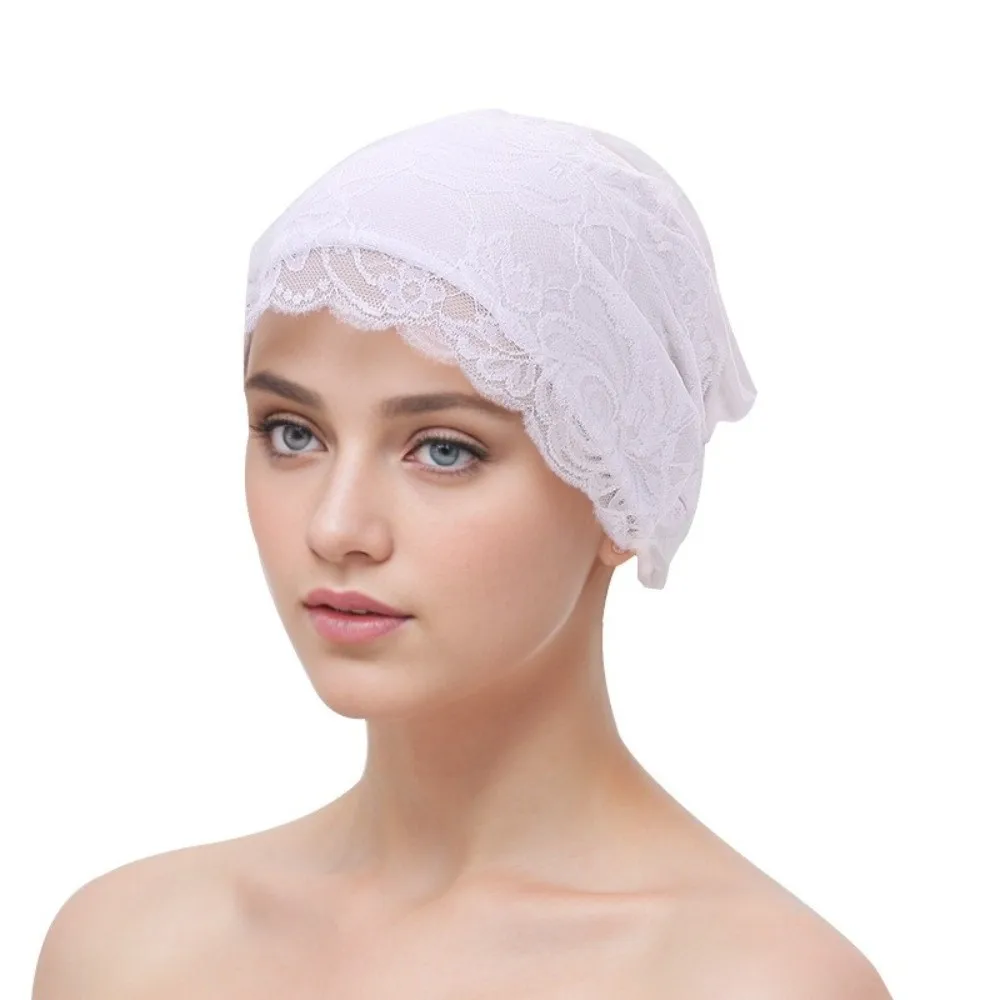 Fashion Elegant Turban Hat Solid Color Elastic Hijab Cap Tie Straps Breathable Lace Inner Cap Female Head Covering