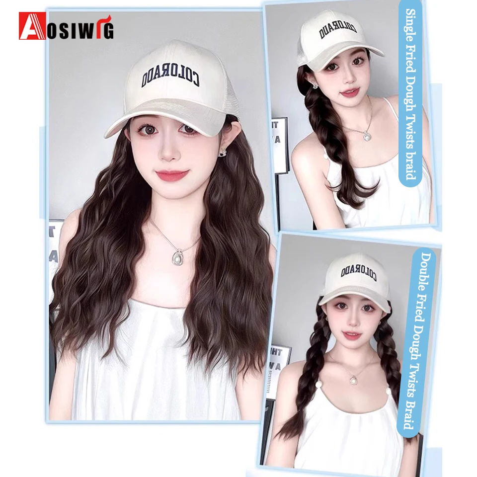 Synthetic Fluffy Long Water Wave Hat Wig Off White Cap Hat Hair Extension Daily Wear Baseball Summer Cap Wig Adjustable Hat Wig