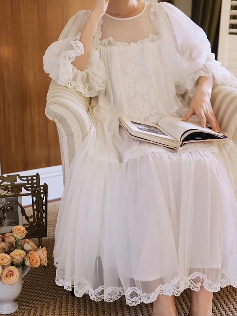 Women Fairy Princess Sleepwear Spring Summer Mesh Nightgown Vintage Lace Round Neck Nightdress Casual White Long Night Dress