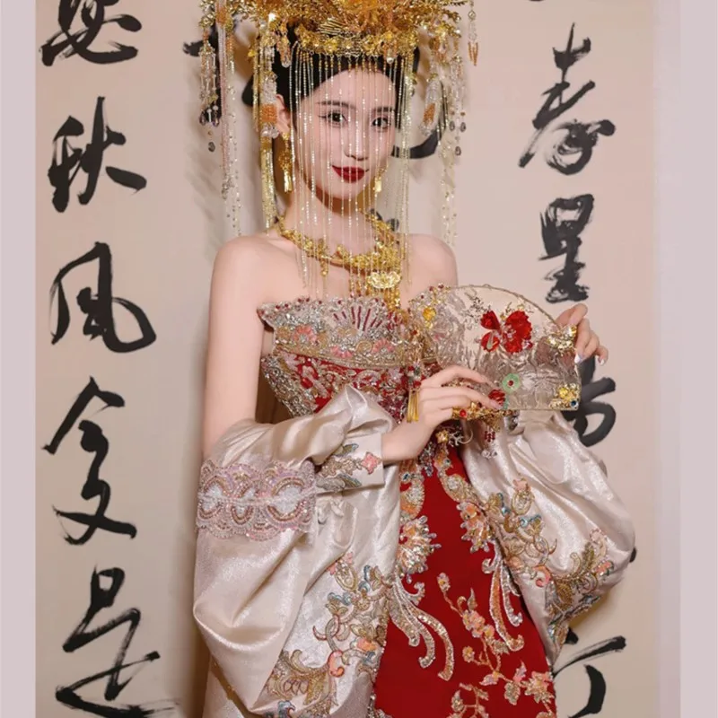 Red wedding new Chinese sense toasting dragon phoenix gown dress - Image 5