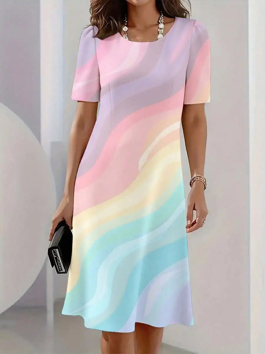 

Womens Rainbow Wave Print Short Sleeve Scoop Neck A-Line Midi Dress For Summer Beach Party Daily Wear