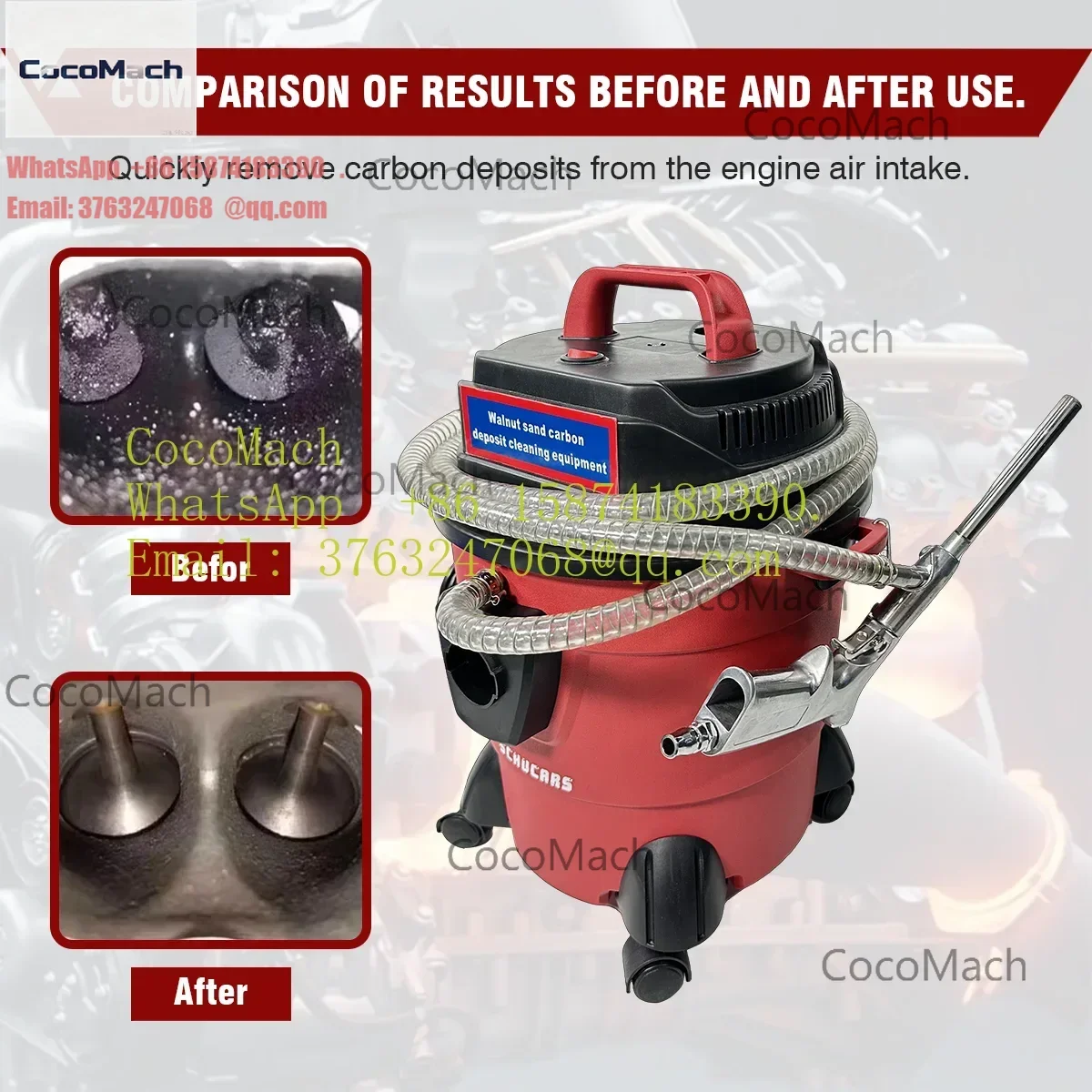 Walnut Sand Carbon Cleaning Machine, Schucars S-101 Engine Decarbonizer with 23 Adapters for Car Maintenance