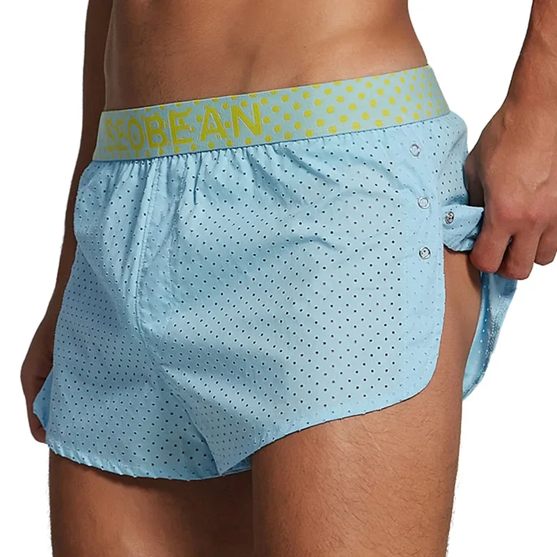 Woven Pure Cotton Aro Pants for Men Side Split Button Design Boxer Shorts Youth Breathable Mesh Single-layer Sleeping Underpants