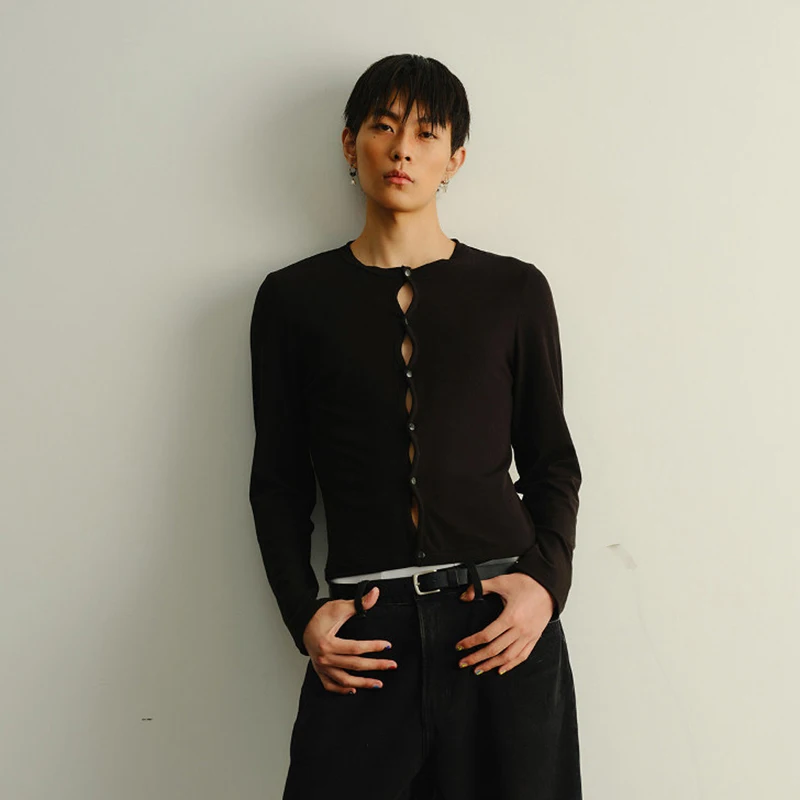 MWJLPWQ Niche Design Hollow Long Sleeve T-Shirt Men's Dark Style Slightly Base Stretch Slim Fit Top 2026 Autumn New Chic 21197