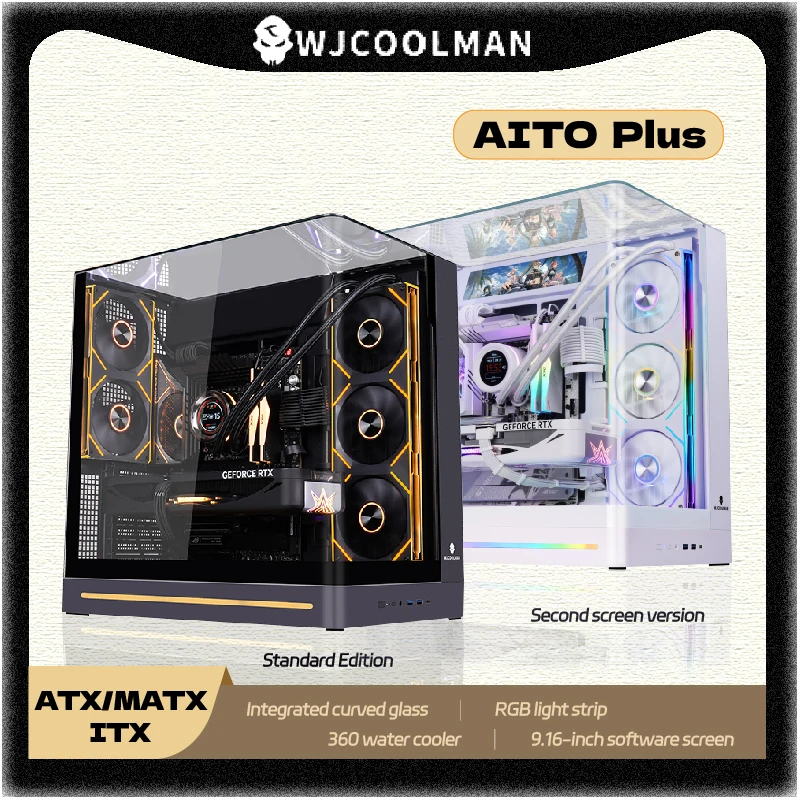 WJCOOLMAN AITO Plus ATX PC Case 9.16-inch Screen RGB Light Strip 360 Water Cooler Integrated Curved Glass Computer Case