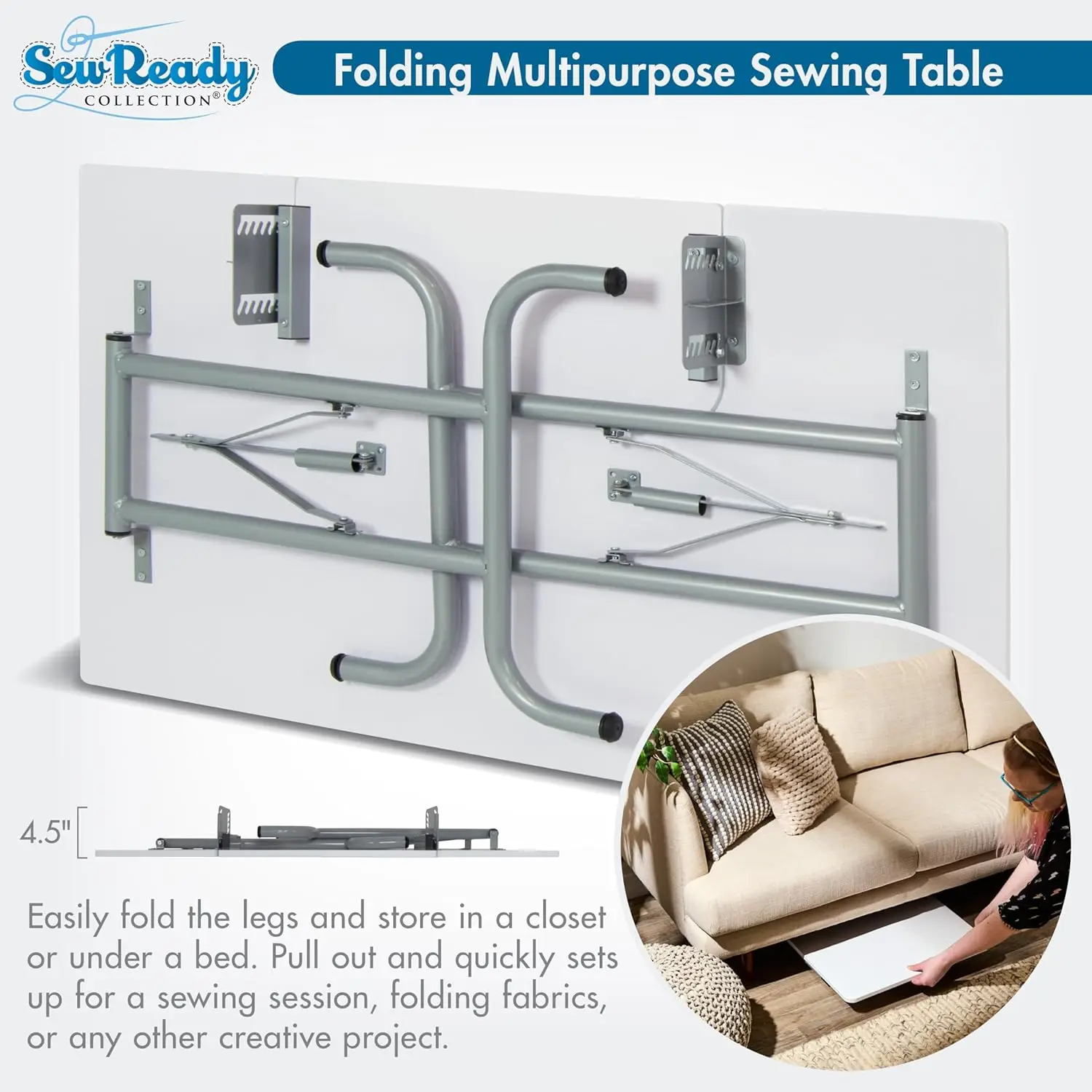 Folding Sewing Table 47.5' W x 28' D White Adjustable Shelf Multi-Use as Computer Desk