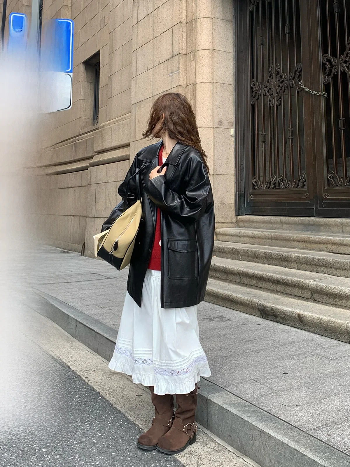 Rodeo clássico duplo breasted longo jaet retro solto terno feminino colarinho casaco de couro primavera outono versátil outerwear