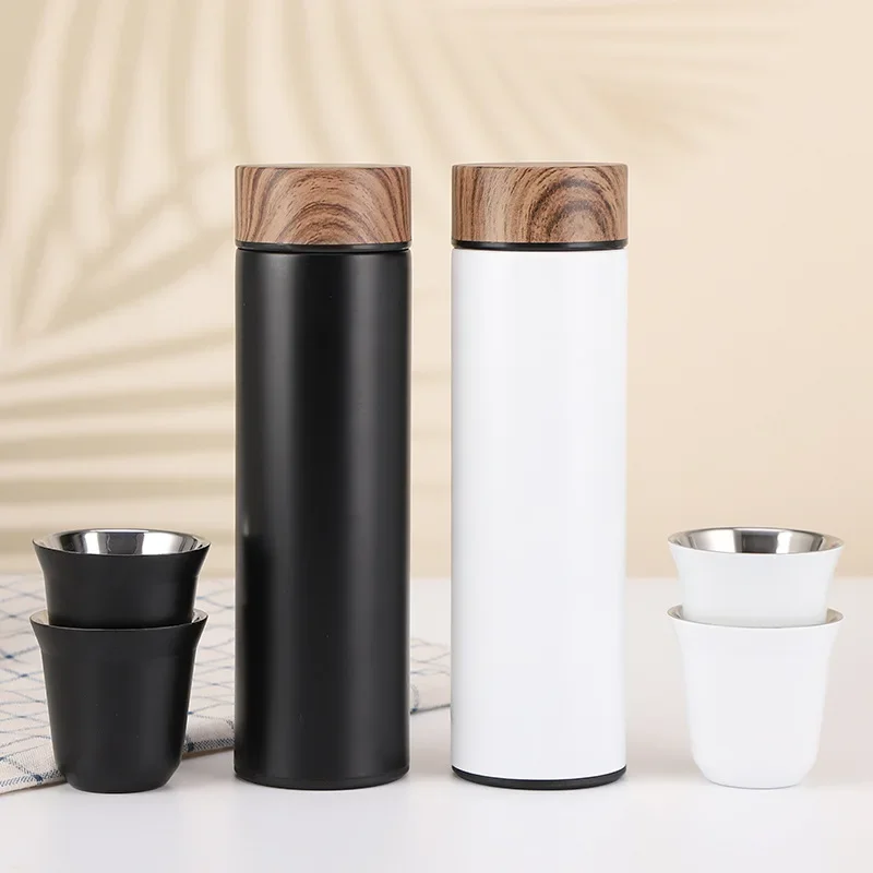 LMHBJY New Wooden Pattern Cover Stainless Steel Solid Color Insulation Cup Set Outdoor Portable Car Carrying Cup Car Cup