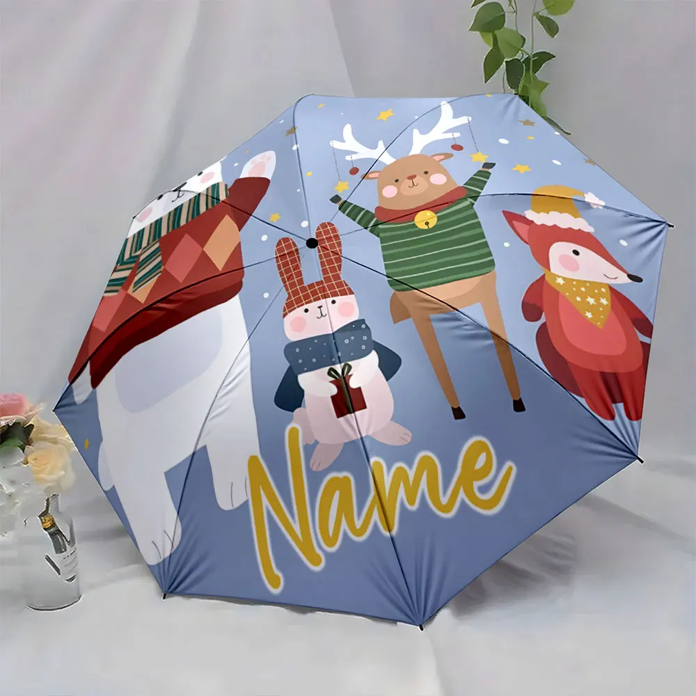 Custom Name Adorable Animal Friends Umbrella for Rainy Days Print 8 Iron Ribs Folding Umbrella, Auto-Open Fashion Sunshade