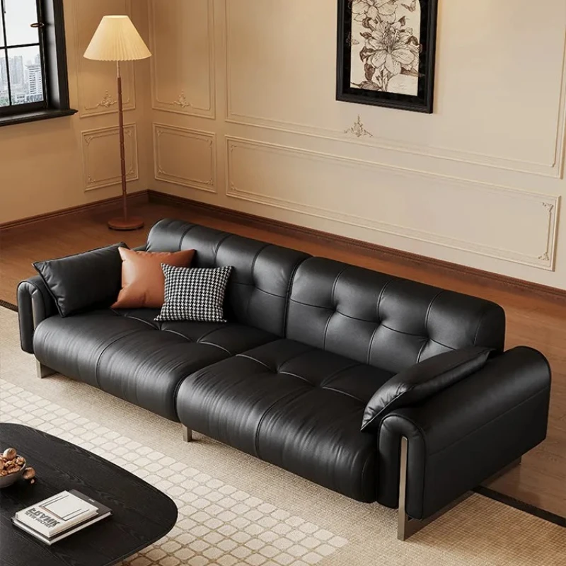 Yjq1 leather sofa straight row medieval living room small apartment Nordic retro first-layer cowhide art sofa