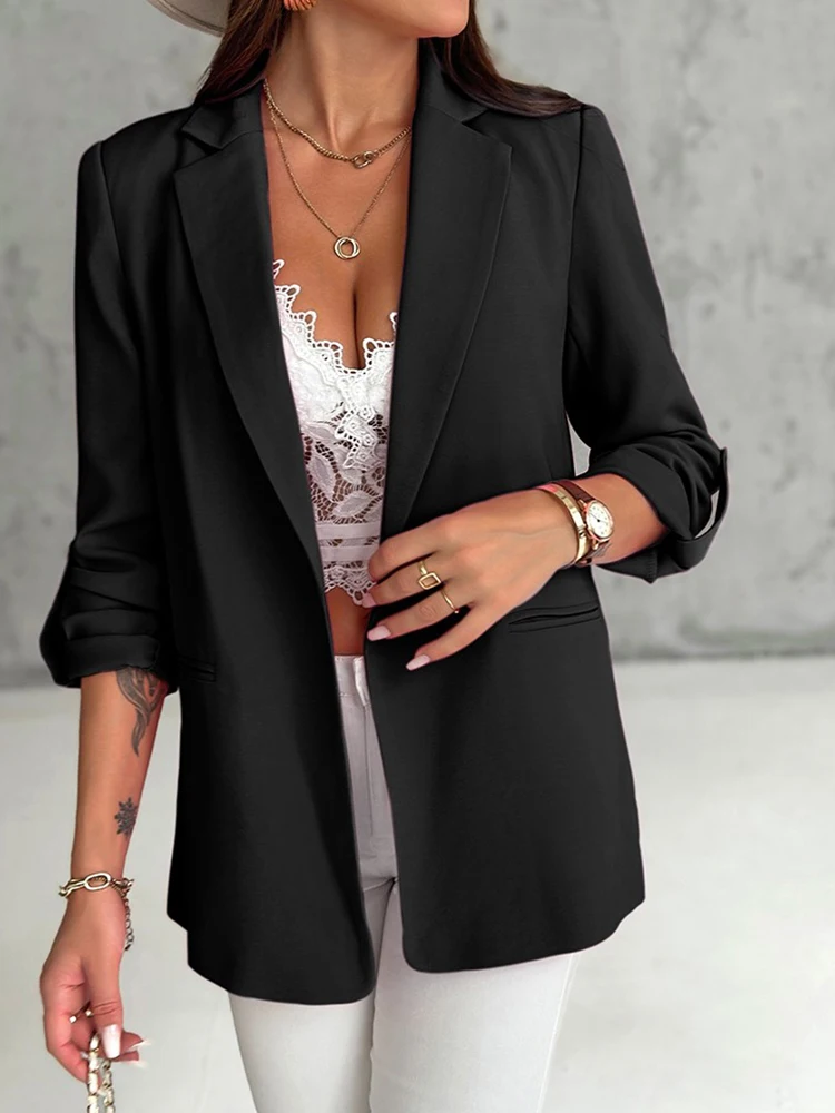 Notched Collar Roll Up Sleeve Blazer Coat