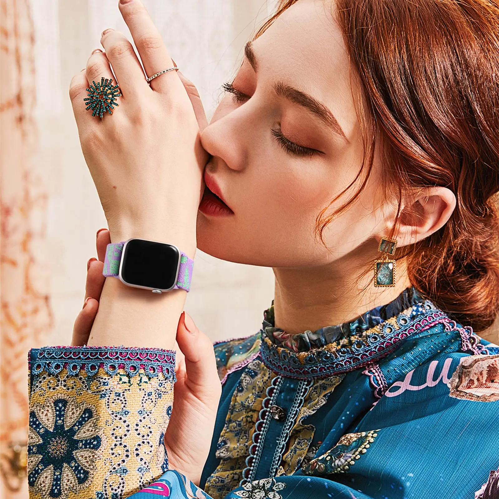 Love/Flower Pattern Soft Breathable Stretchy Nylon Solo Loop Band Elastic Braided Compatible with Apple Watch 38mm-49mm