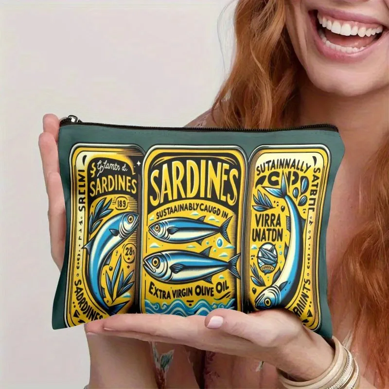 حقائب مستحضرات التجميل كلاسيكية من سردين، حقيبة تنظيم السفر، حقيبة مكياج بسحاب مع رسوم توضيحية من السردين، حقيبة أدوات الزينة القابلة للطي #4