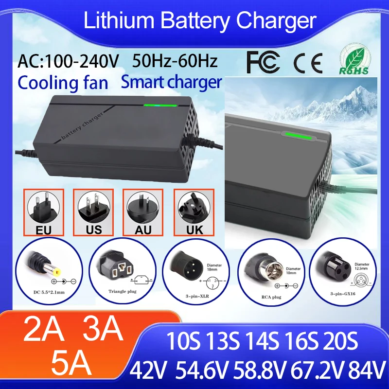 42V 54.6V 58.8V 67.2V 84V 2A 3A 5A Lithium Battery Charger Smart IC, Fast Fan Cooling, for 36V-72V E