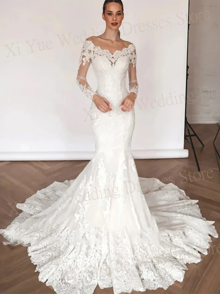 Sexy elegante scollo a barca abiti da sposa a sirena maniche lunghe Appliques di pizzo abiti da sposa con treno staccabile Vestido De Novia