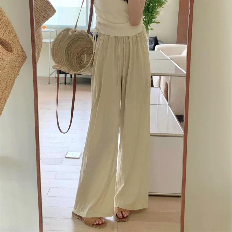 Women Ice Silk Wide Leg Pants Summer Elastic High Waist Straight Pant Pleated Loose Casual Trousers Female Clothing y2k Pants