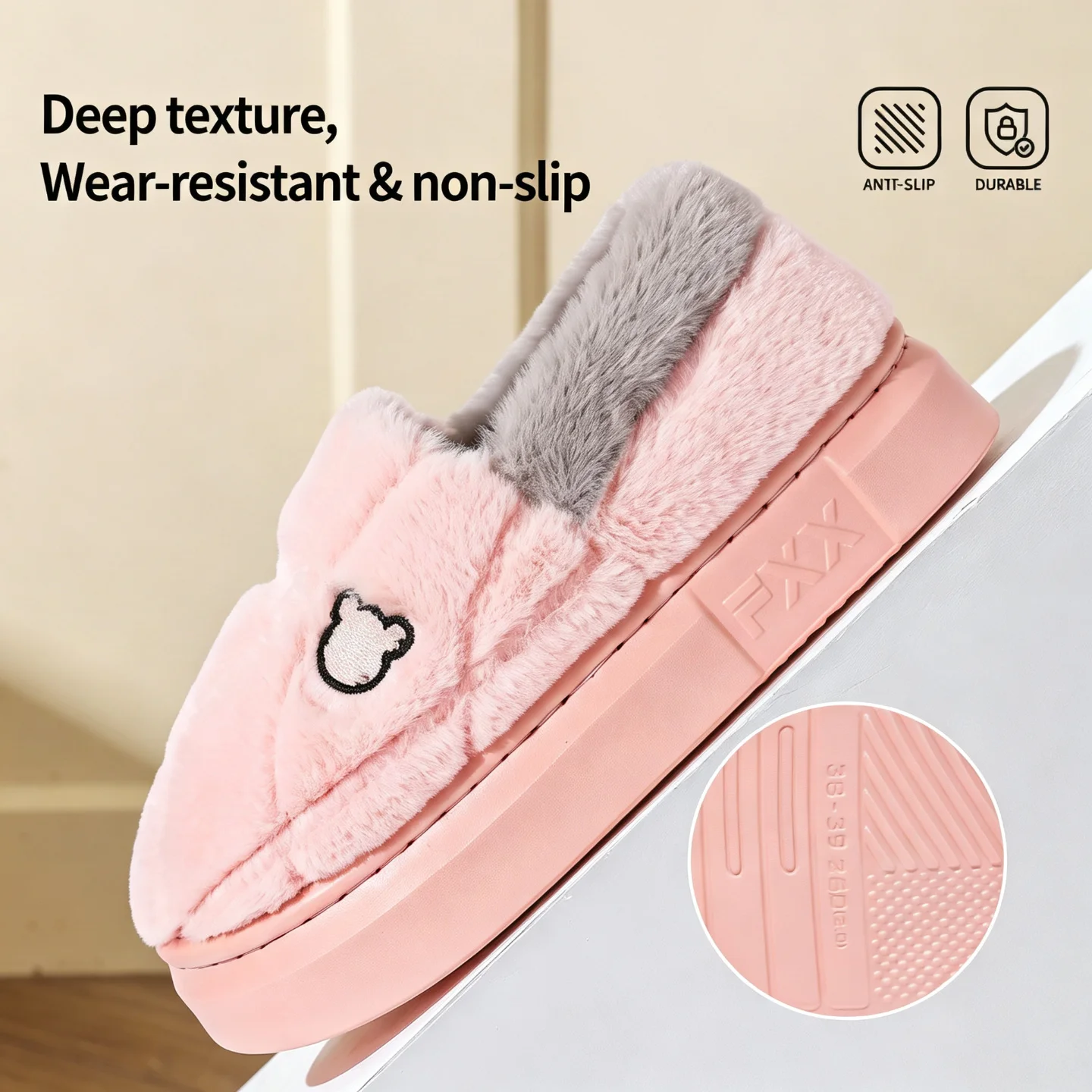 Winterwarme Hausschuhe für Damen und Herren, niedliche Bären-Plüschfütterung, Innensohle, dicke, weiche Sohle, flauschig, bequemes Hausschuh-Set – Detail 13