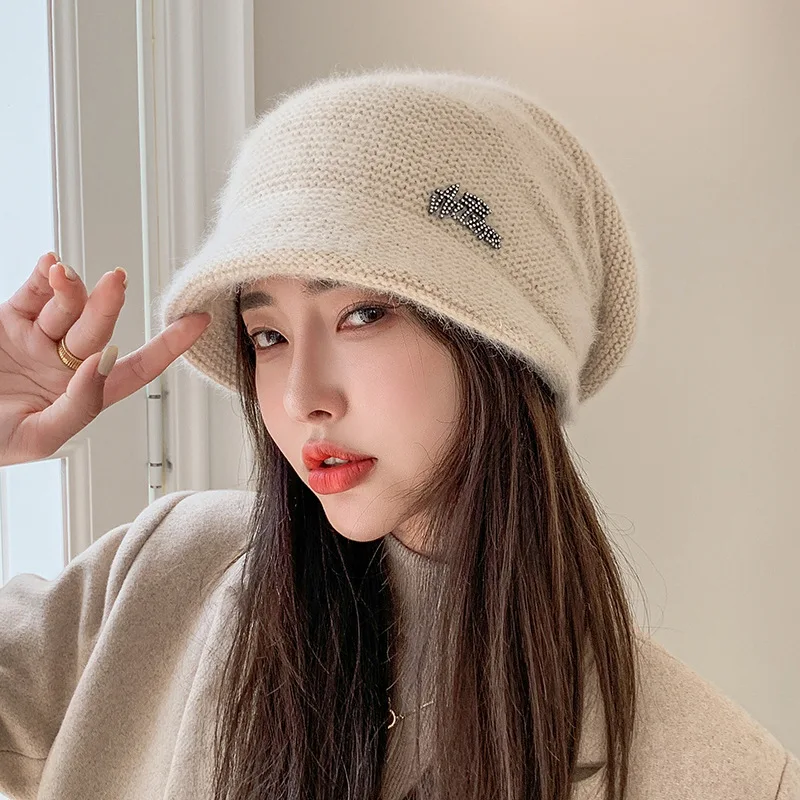 Bunny Fur Knitted Hat Fashion Women Outdoor Wide Brim Beanie Autumn Winter Thicken Warm Ear Protection Cap Korean All-Match Caps