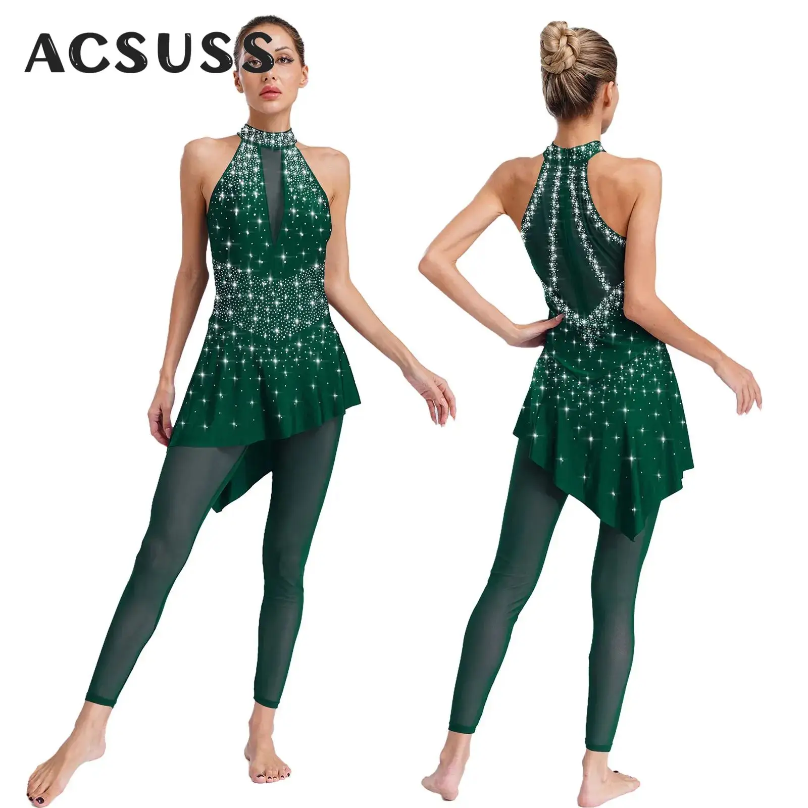 

Women Figure Ice Skating Gymnastics Leotard Rhinestones Sleeveless Sheer Mesh Bodysuit for Ballet Dance Acrobatics Performance