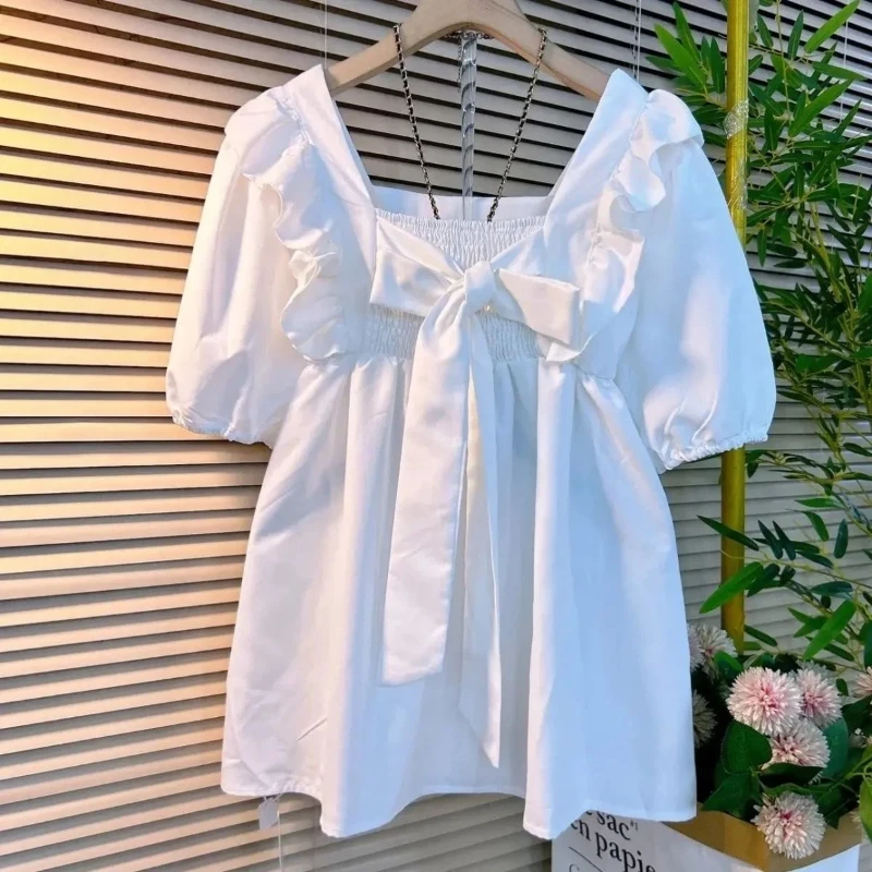 Bow Patchwork Ruffles Loose Solid Elegant Blouse Women Clothing New Trend Short… - Image 4