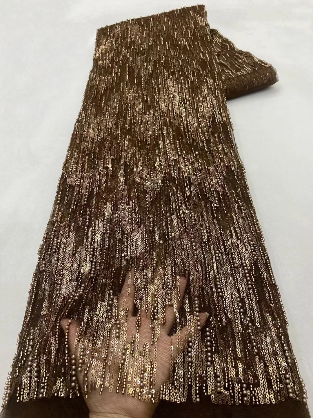 (5yards/pc) High quality coffee African wedding net lace embroidered pearl tube beads sequins tulle lace 10 colors FZX204