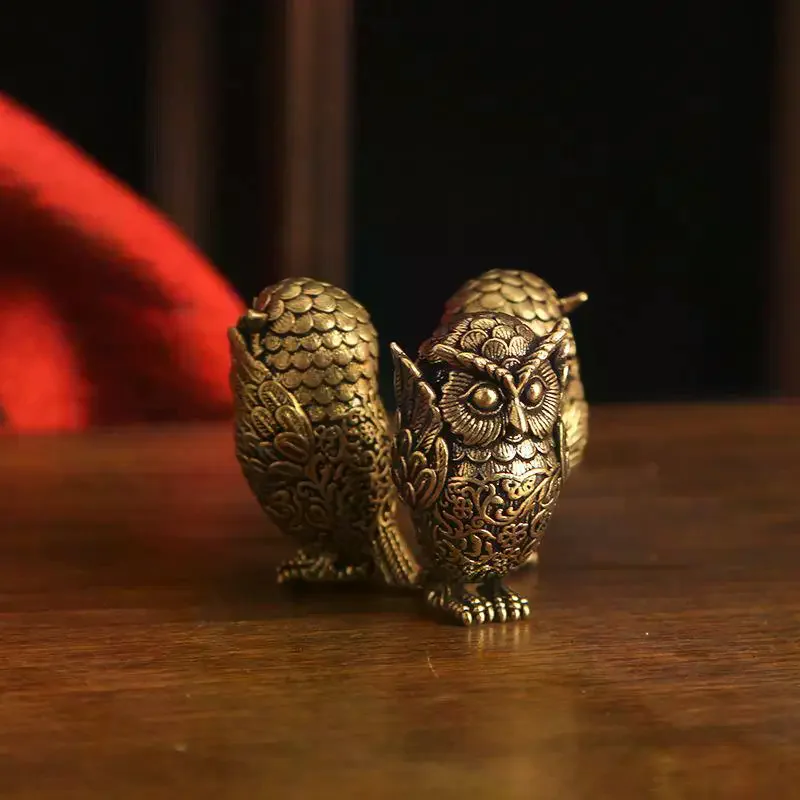 1Pcs Bookshelf Decoration Vintage Brass Owl Statue Ear Covering Animal Sculpture Desktop Home Office Ornament Unique Gift