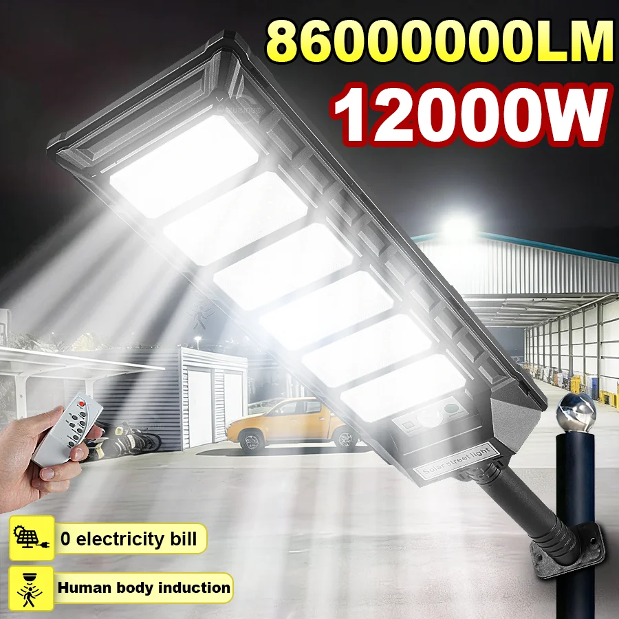 12000W Solar Lights Commercial LED Outdoor Dusk To Dawn Solar Street Lamp Waterproof Backyard Garden Security Lighting IR Sensor