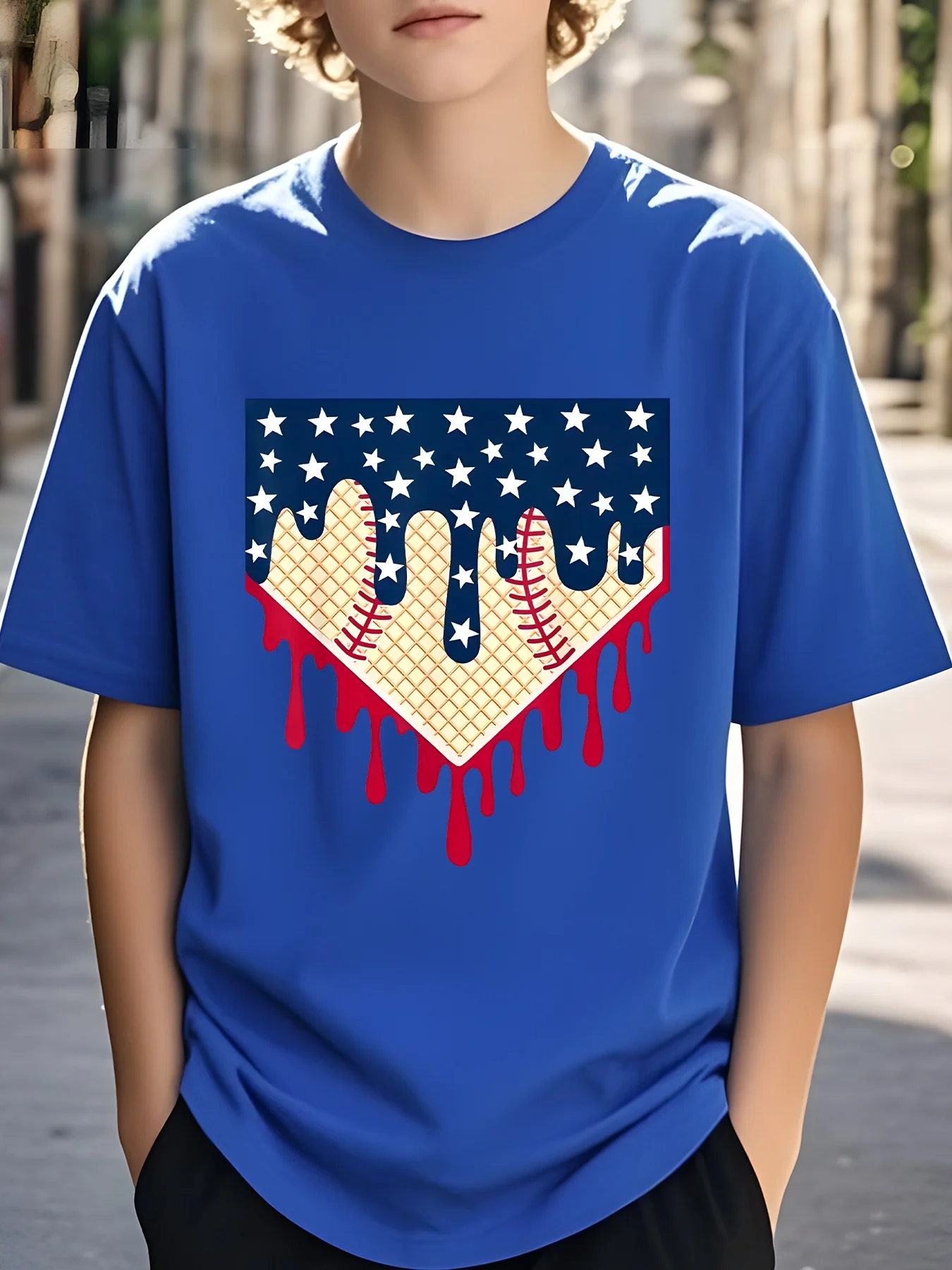 Kids T Shirt American Flag Baseball Home Plate Drip Graphic Patriotic Stars Summer Top Boys Girls Independence Day Sports Tee
