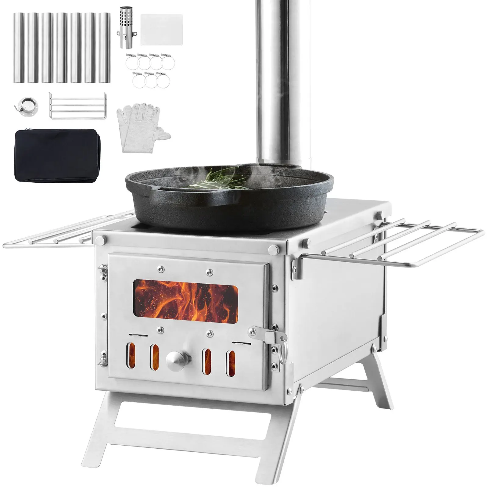 

VEVOR Stainless Steel Wood Stove Camping Tent Stove with Pipes Portable For Camping, Tent Heating, Hunting, Outdoor Cooking
