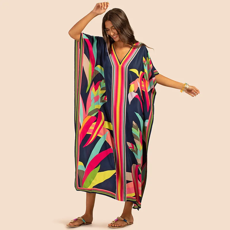 

Printed Kaftans Women Beach Cover Up Seaside Maxi Bohemian Dresses Beachwear Pareo Bathing Suits kimono beach outfits for women