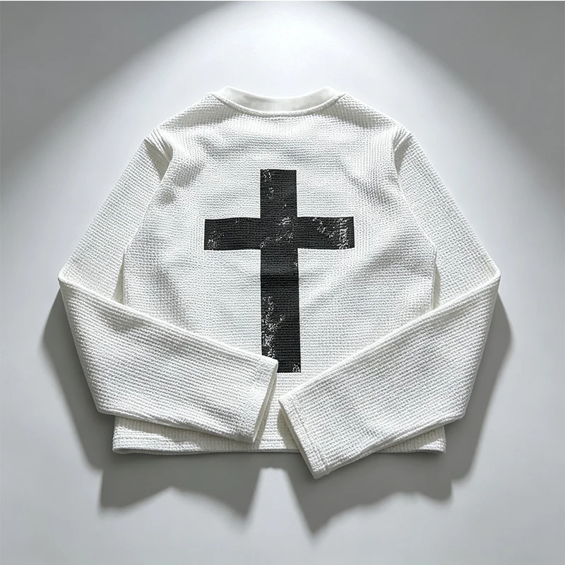 American Subculture Special-Interest Design Vintage Distressed Cross Printed Waffle Long Sleeve T-shirt