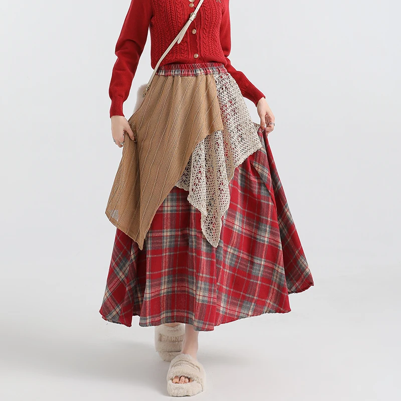 2024 New Autumn Winter Women High Waist Slim Long Skirt High Quality Contrast Color Irregular Patchwork Plaid Woolen Skirt