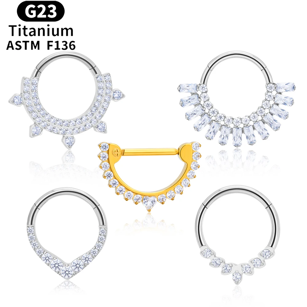 

G23 Titanium Round Nose Ring Septum Clicker Hinged Segment CZ Nipple Ring Ear Tragus Cartilage Daith Earring Piercing Jewelry