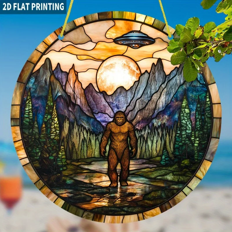2D Flat 1pc, Bigfoot UFO Mountain Sun Catcher, 7.87x7.87 inch Round Acrylic Sign, Stained Glass Style Window Hanging Decor, Myst