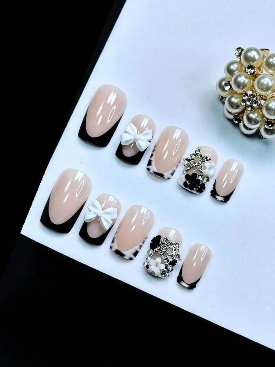 Y2K 24pcs French black white tie-dye polka dot press-on nails reusable with bowknot star rhinestones chic for dates spring summe