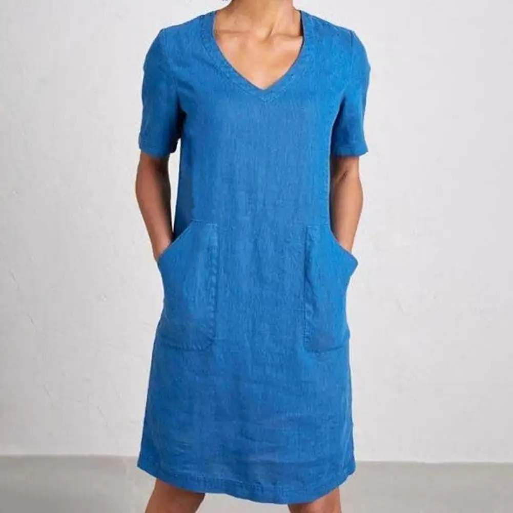 

Women Cotton Linen Dress Stylish Women's Cotton Linen Shirt Dress with Pockets for Summer Comfortable Maxi Dress Short Sleeve