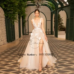 Customized Princess Deep V Neck Applique Elegant Wedding Dresses For Women 3D Flowers Sexy Open Back With Soft Lace Court Train