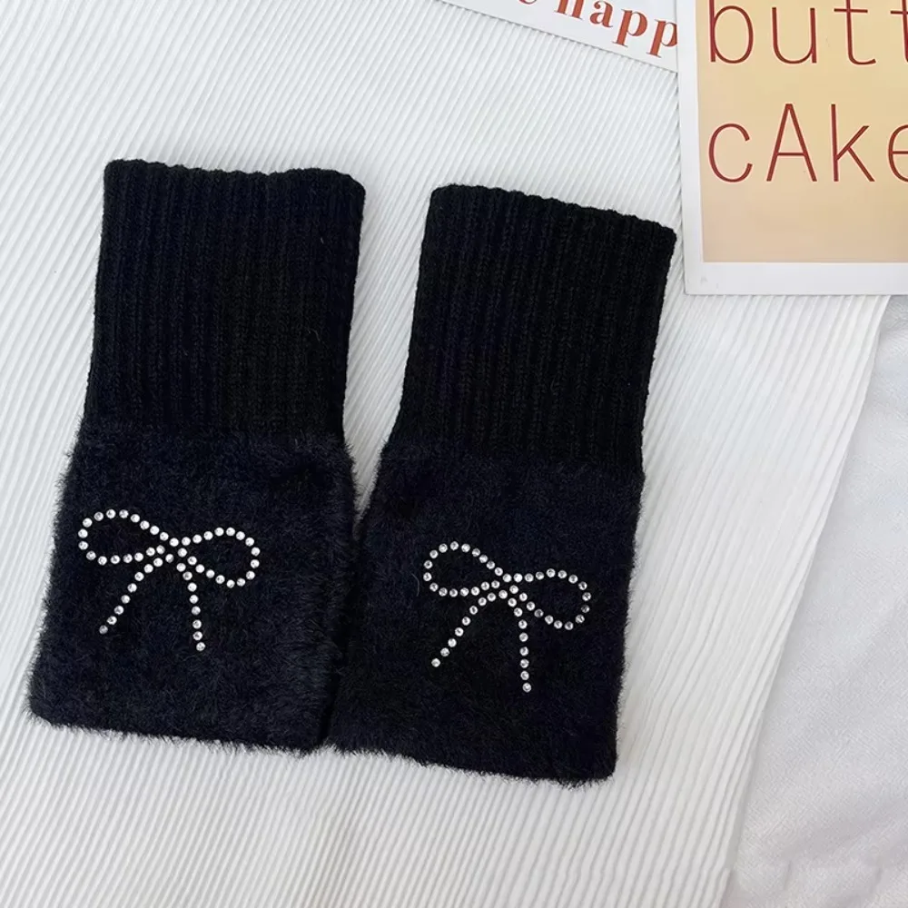 

Y2K зимние перчатки с бриллиантами и кроликом, утолщенные перчатки с пятью пальцами и бантом, стразы, ветрозащитные, морозостойкие