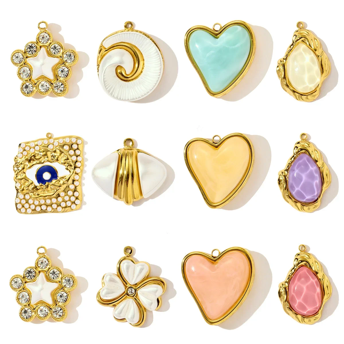 3pcs/Lot Stainless Steel Lucky Clover Rhinestone Star Necklace Pendants Shell Eye  DIY Charms Women Love Heart Jewelry Wholesale