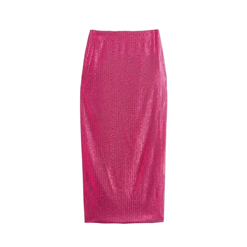 

SLTNX TRAF Woman Sequins Long Skirts for Women 2023 Fashion Rose Red High Waist Slit Skirt Ladies Party Elegant Skirts Clothing