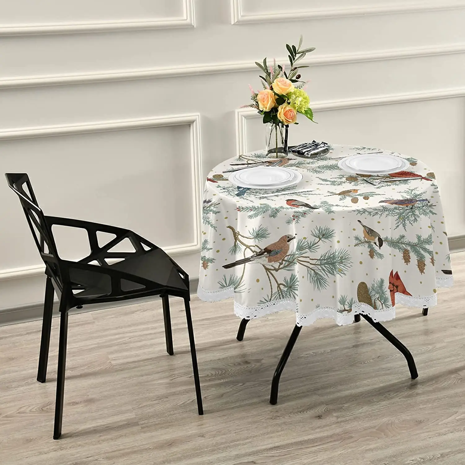 Vintage Tree Cardinal Round Table Cloth Winter Birds Classic Polyester White Lace Tablecloth 60 Inch for Dinner Table Decor