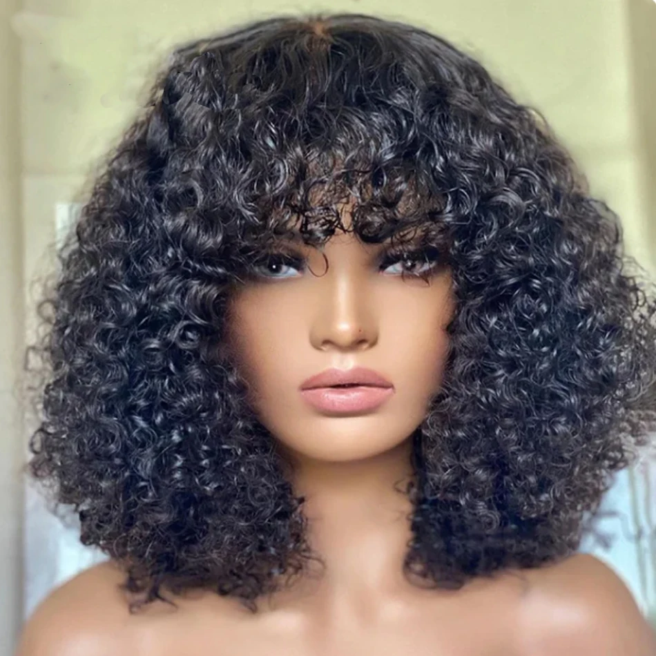 Perruque Brésilienne Naturelle Crépue Bouclée avec Frange pour Femme, Cheveux Humains, Densité 180%, Fabriquée à la Machine, Deep Wave