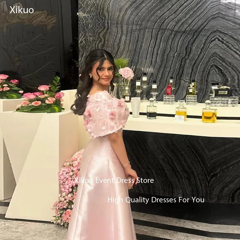 

Xikuo Graceful Pink Satin Evening Dress Women Long A Line 3D Flowers Prom Party Gown Off Shoulder Sukienka Wieczorowa Customized