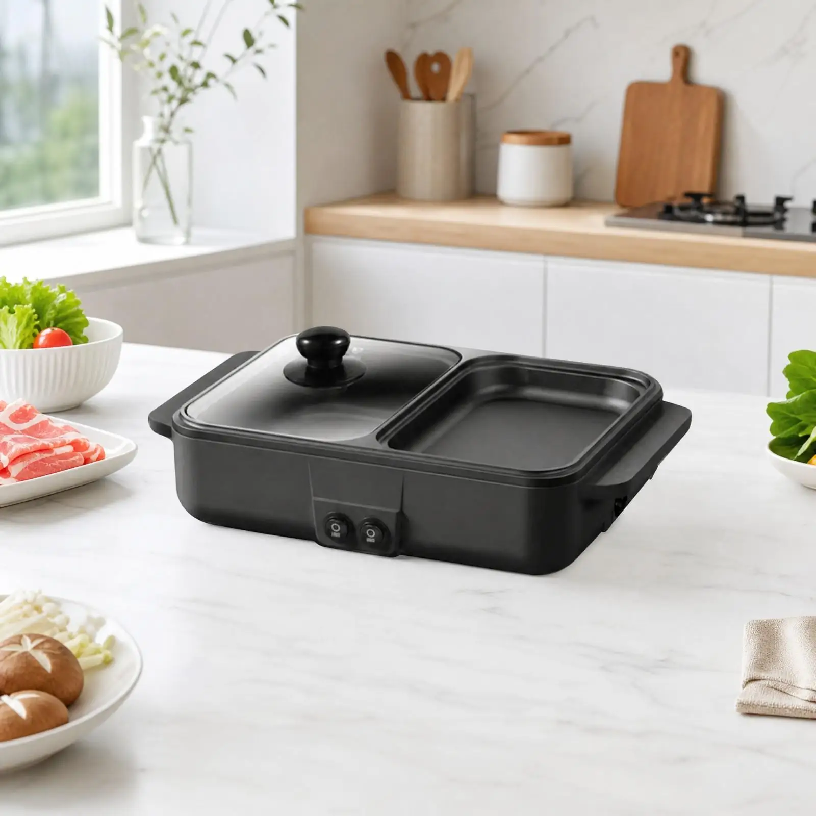 2 in 1 Electric Hot Pot Grill with Independent Temperature Knobs for Grilling and Boiling Perfect for Dorm Room Meals