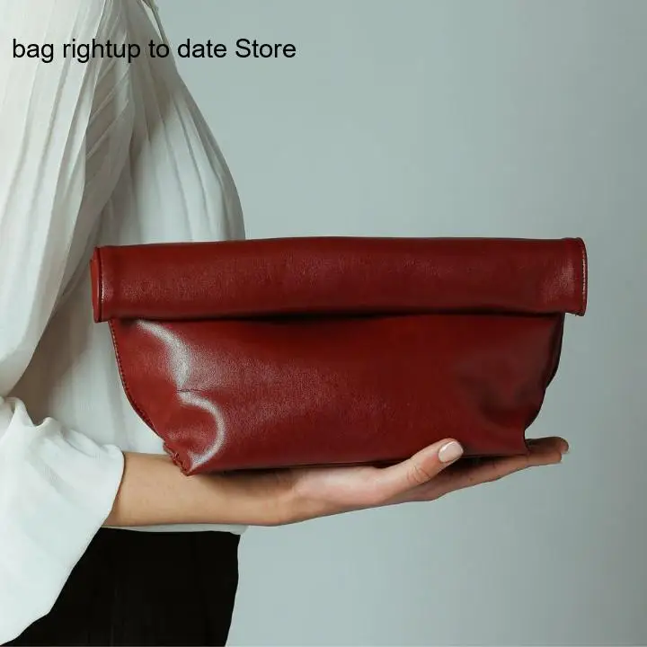 Black Style Minimalist Pu Leather Rolled Edge Large Capacity European and American Retro Artistic Casual Handbag for Women